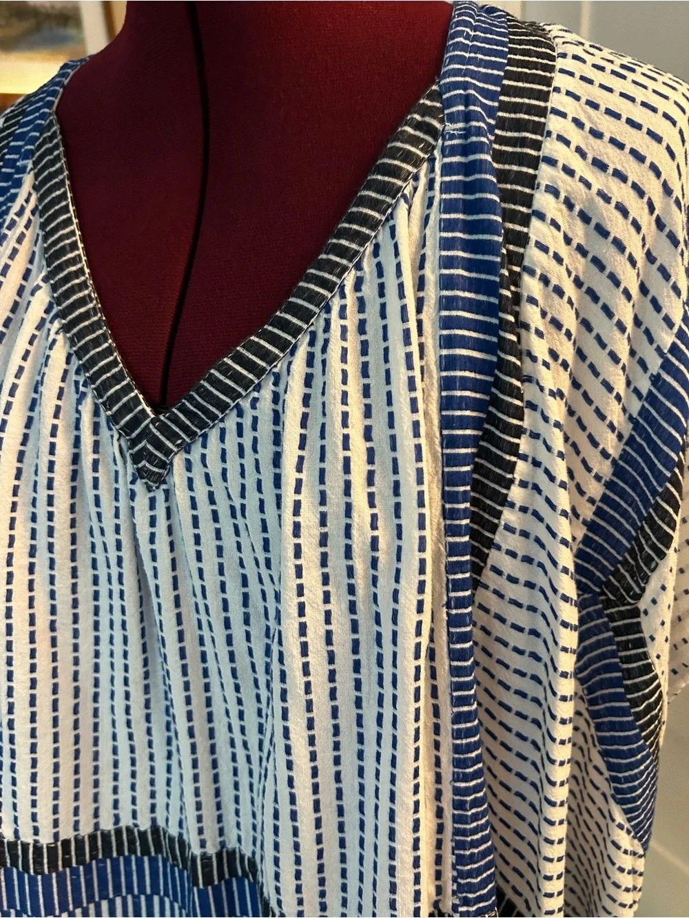 Free People Beach Blue and White V-Neck Striped Geometric Tunic